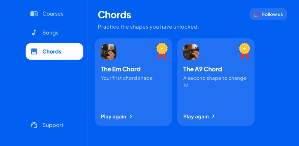 Chords screen showing unlocked Em and A9 chord practice