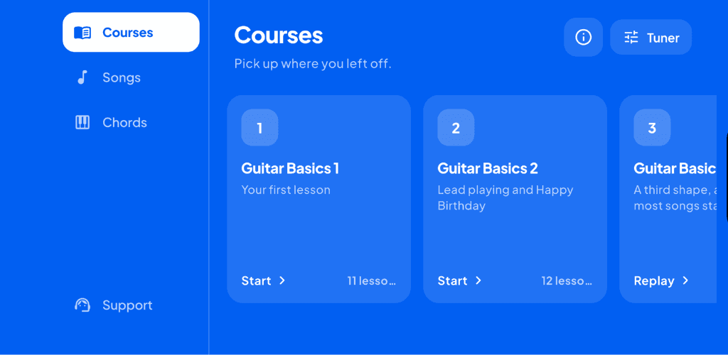 Daily Guitar Courses screen with Guitar Basics courses