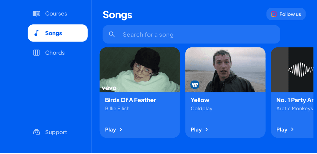Songs library with a search bar and popular song cards