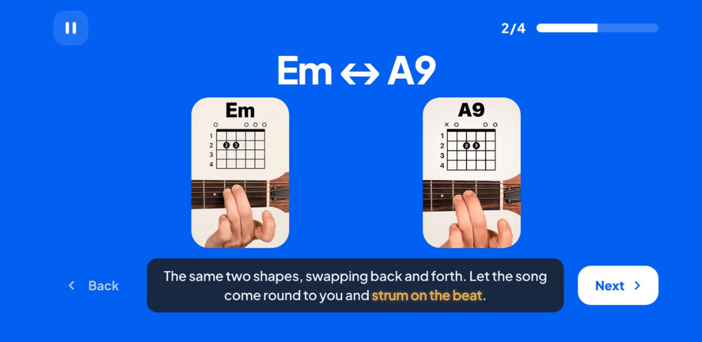 Chord lesson comparing Em and A9 diagrams and finger photos