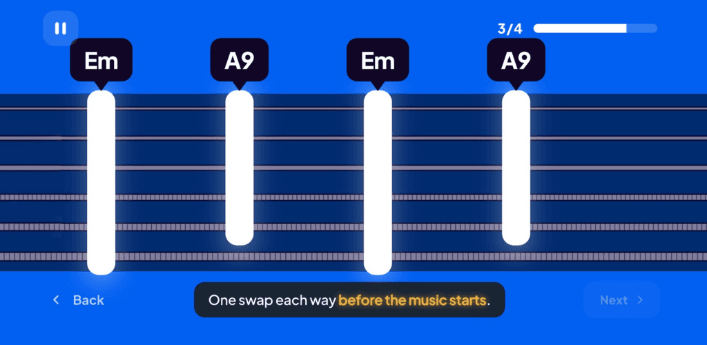 Chord practice timeline showing Em and A9 changes on a fretboard