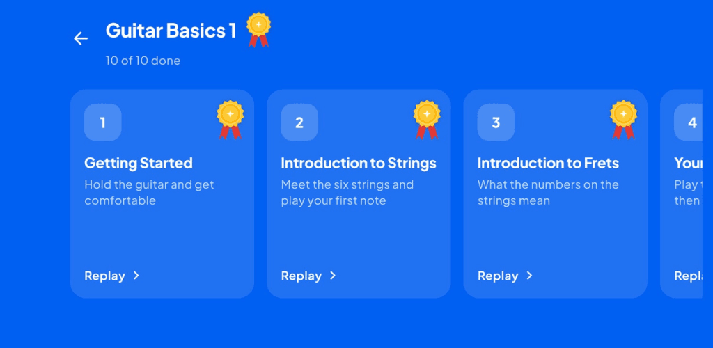 Guitar Basics 1 lesson list with completed lessons