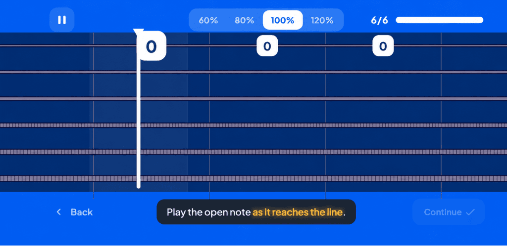 Note practice screen with scrolling open notes and speed controls