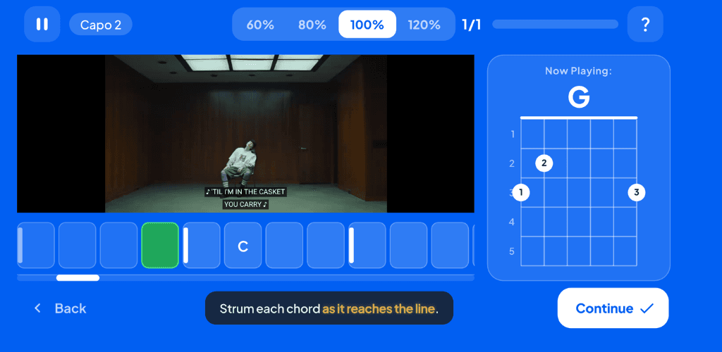 Song play-along screen with video, chord timeline, and G chord diagram